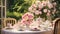 A table with a white table cloth adorned with an abundance of pink flowers, Mothers Day high tea setting in a fancy garden, AI