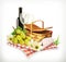 Tablecloth and picnic basket, wine glasses and grapes, vector illustration showin