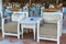 Tables near the Perissa beach in cafe, Santorini island