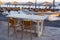 Tables near the Perissa beach in cafe, Santorini island