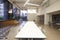 Tables and seating in an empty corporate business cafeteria