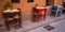 Tables set in a typical Italian outdoor restaurant in Sestri Levante, province of Genoa,