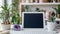 Tablet with a blank screen in a mockup, positioned next to an elegant amethyst gemstone, placed on a pristine white desk