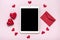 Tablet for chooses gifts, makes purchase, envelope, box, two red hearts on pink table Top view Flat lay Holiday shopping list, Hap