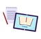 Tablet displaying ebook notepad pencil next it. Digital education reading concept. Online