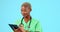 Tablet, doctor or happy black woman isolated on blue background in healthcare research, hospital or telehealth services
