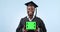 Tablet green screen, graduation and happy black man with studio promotion, school commercial info or UI mockup space