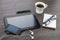 Tablet, headphone, notebook and smart phone with coffee