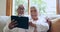 Tablet, laughing or old couple on social media for communication, website or internet connection. Meme, talk or senior