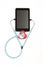 Tablet listening puls red heart stethoscope - on white backgrond