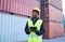 Tablet, logistics and shipping with a supply chain black man manager working on a commercial container dock outside