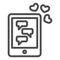 Tablet with love correspondence line icon. Romantic chat with hearts symbol, outline style pictogram on white background