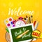 Tablet mock up template with school supplies on green blackboard . Welcome Back to school concept. Vector illustration