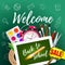 Tablet mock up template with school supplies on green blackboard . Welcome Back to school concept. Vector illustration.