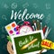 Tablet mock up template with school supplies on green blackboard . Welcome Back to school concept. Vector illustration.