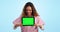 Tablet mockup, green screen and woman with healthcare advertising, medical app and ads on blue background. Nurse