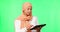 Tablet, muslim and confused woman in studio and feedback, question and online communication on green screen for