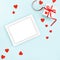 Tablet PC gift box red hearts decoration Valentines Day flat lay