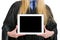 Tablet pc in hand of woman in graduation gown