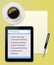 Tablet PC with paper sheet and pen Office desktop