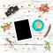 Tablet PC photo camera coffee pink flowers Spring flat lay