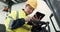 Tablet, search and forklift with man in warehouse for communication, social media and networking. Industrial