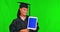 Tablet, woman graduate and green screen with face and hand show elearning app and website. University application