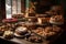 tabletop display of holiday cookies, pies and pastries in bakery