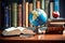 Tabletop globe stands on the table on background of books