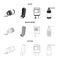 Tablets, inhaler, container with blood, spray.Medicine set collection icons in black,monochrome,outline style vector