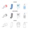 Tablets, inhaler, container with blood, spray.Medicine set collection icons in cartoon,outline,monochrome style vector