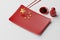 Tableware Chinese flag plate, chopstick, spoon, sauce cup and pot, 3D rendering red color, Chinese food crisis concept design on