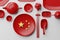 Tableware Chinese flag plate, chopstick, spoon, teapot, sauce cup and pot, 3D rendering red color, Chinese food crisis concept