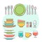 Tableware and cutlery objects. Hand drawn colorful