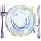 Tableware, cutlery, plates for food, fork, table knife watercolor background illustration