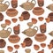 Tableware made of clay, handmade pottery seamless pattern