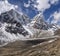 Taboche and Cholatse summits over Pheriche valley in Himalayas.