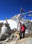 tabuche trekker with buddhism flag from nepal in everest himalaya trek