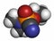 Tabun nerve agent molecule (chemical weapon). 3D rendering. Atoms are represented as spheres with conventional color coding: