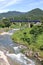 Tachiya river and railroad bridge in Yamadera, Yamagata