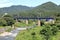 Tachiya river and railroad bridge in Yamadera, Yamagata