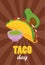 Taco day celebration mexican poster with guacamole sauce and avocado