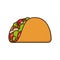 Taco shell filled with lettuce, tomato slices, red beans and poultry isolated vector illustration