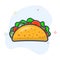 Taco with tortilla shell outline illustration. Mexican lunch flat line vector icon.