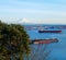 Tacoma port with cargo ships and Volcano Mt. Ranier.