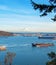 Tacoma port with cargo ships and Volcano Mt. Ranier.