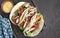 Tacos with chicken and vegetables close-up on a wooden background. Mexican dish. Food Banner. Cooking. . Copy space