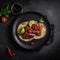 Tacos De Carne Asada On Black Smooth Round Plate On Isolated Transparent Background Mexican Food. Generative AI