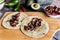 Tacos de chapulines or grasshopper taco traditional in mexican food with homemade guacamole sauce in Oaxaca Mexico