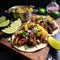 Tacos with grilled pork, guacamole and vegetables